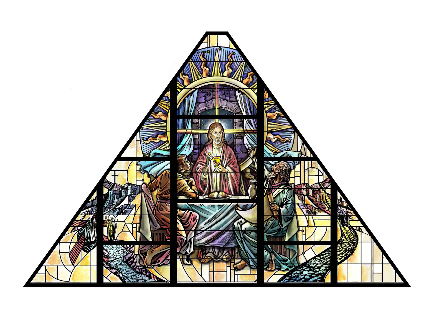 This is a concept design for one of the brilliant new stained-glass windows being created for the Cathedral of St. Joseph. Depicted here is Jesus teaching two disciples on the Road to Emmaus on the day He rose from the dead, and then having them realize Who He is in the breaking of the bread.